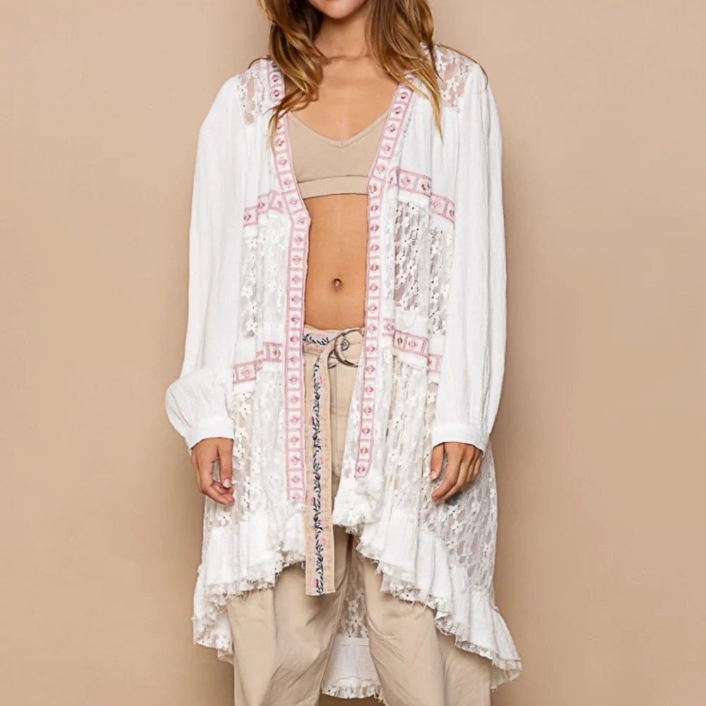 POL Lace Cardigan Women’s Cover Up Open Shirt Lace and Ruffle Contrast Boho #S25 - Picture 5 of 12